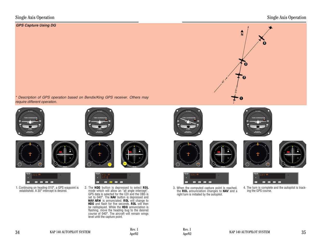 Gps capture using dg, Single axis operation, Single axis operation 34 35 | Kap 140 autopilot system | BendixKing KAP 140 User Manual | Page 41 / 102