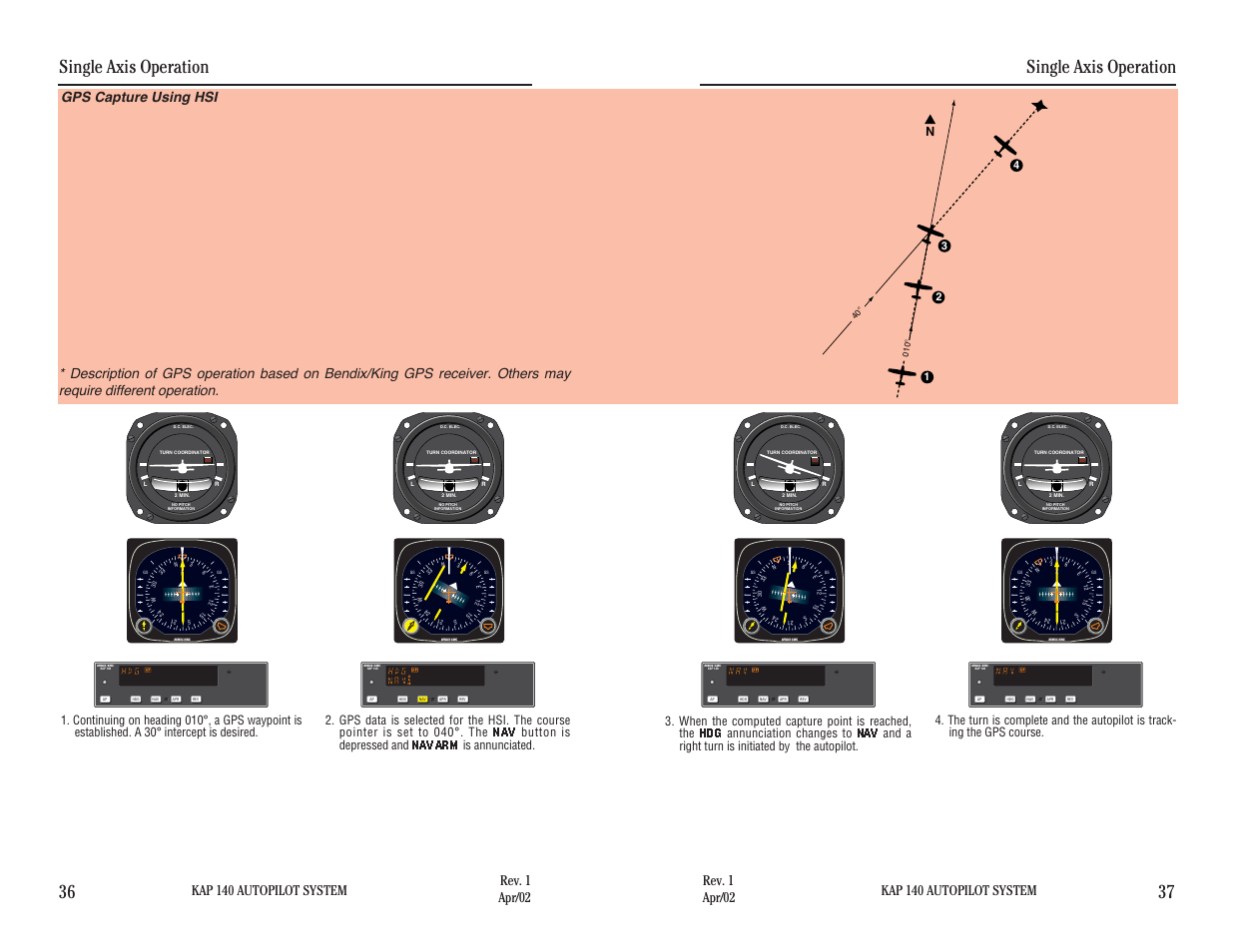 Gps capture using hsi, Single axis operation, Single axis operation 36 37 | Kap 140 autopilot system | BendixKing KAP 140 User Manual | Page 42 / 102