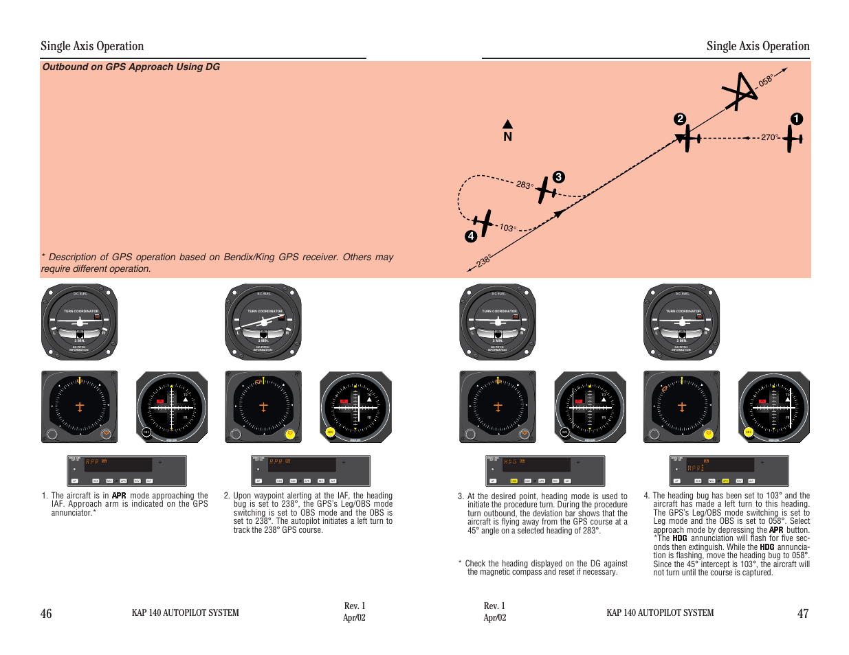 Outbound on gps approach using dg, Single axis operation, Single axis operation 46 47 | Kap 140 autopilot system | BendixKing KAP 140 User Manual | Page 47 / 102