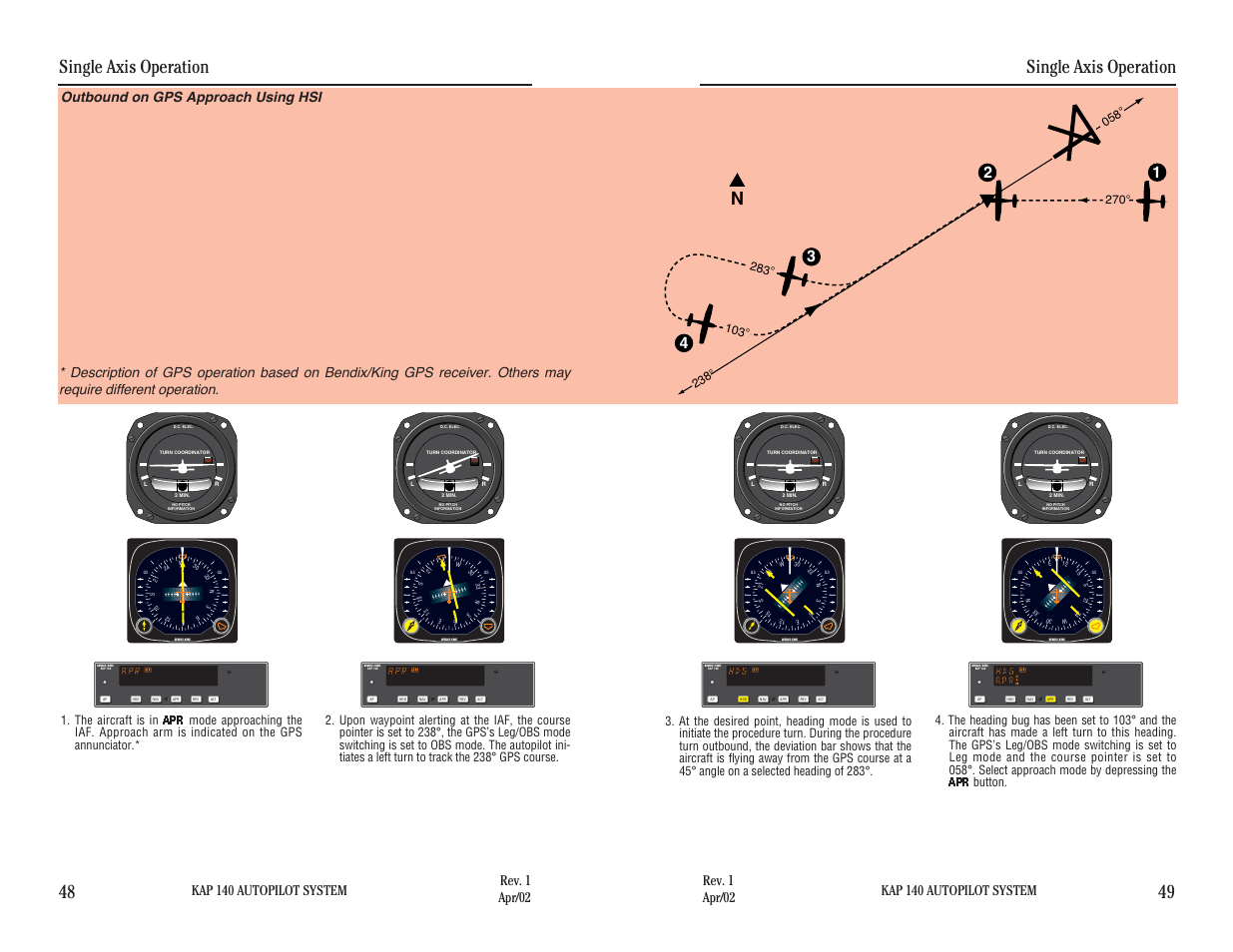 Outbound on gps approach using hsi, Single axis operation, Single axis operation 48 49 | Kap 140 autopilot system | BendixKing KAP 140 User Manual | Page 48 / 102
