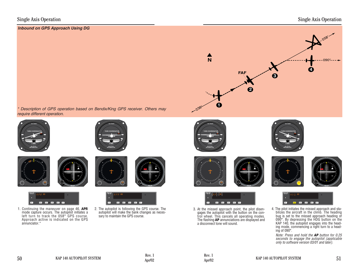 Inbound on gps approach using dg, Single axis operation, Single axis operation 50 51 | Kap 140 autopilot system | BendixKing KAP 140 User Manual | Page 49 / 102