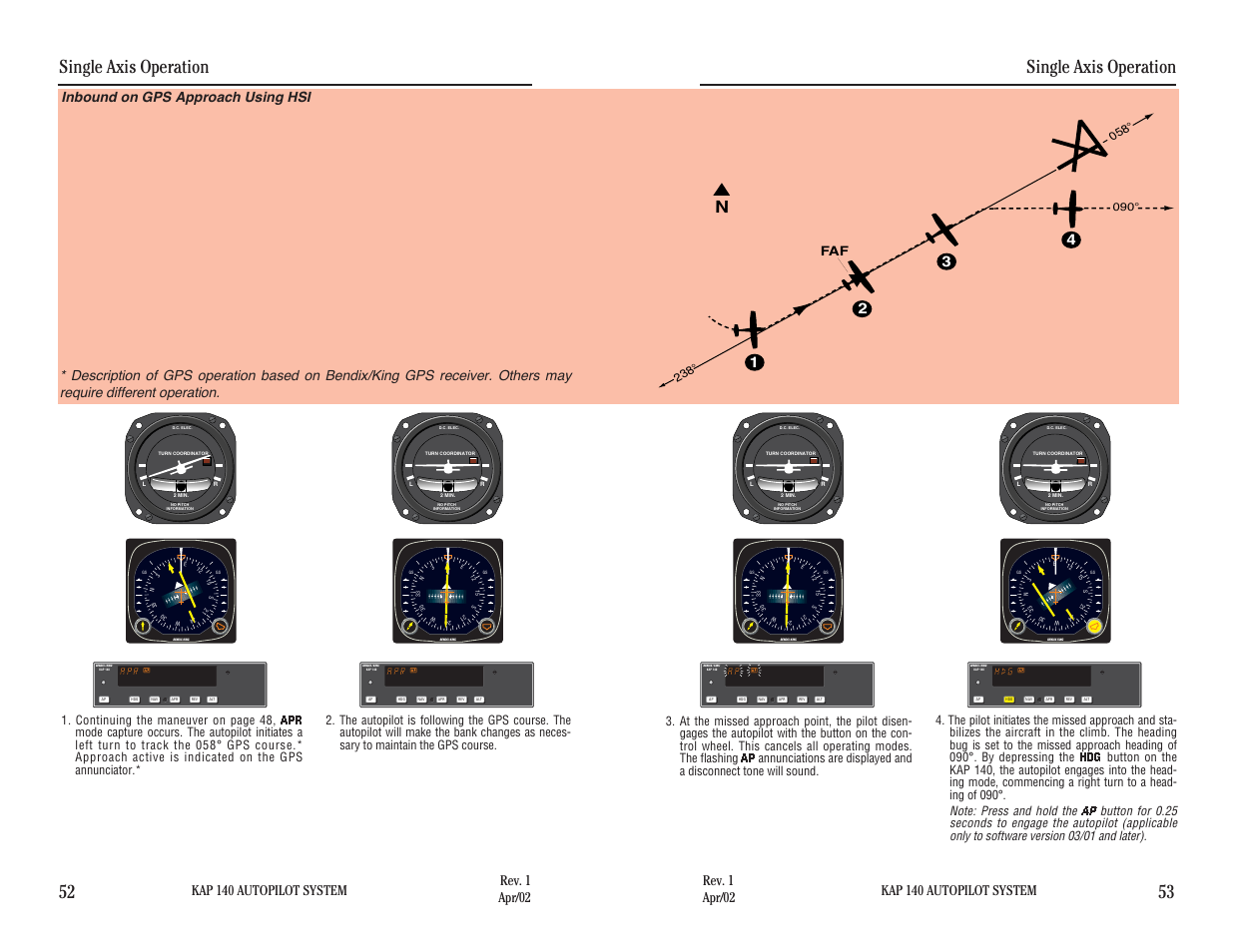 Inbound on gps approach using hsi, Single axis operation, Single axis operation 52 53 | Kap 140 autopilot system | BendixKing KAP 140 User Manual | Page 50 / 102