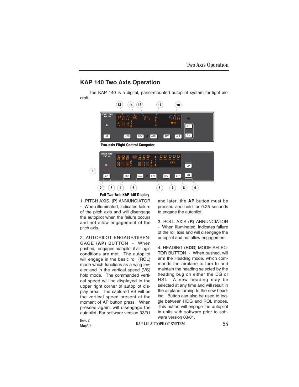 Kap 140 two axis operation, Two axis operation 55, Kap 140 autopilot system | Rev. 2 may/02 | BendixKing KAP 140 User Manual | Page 52 / 102