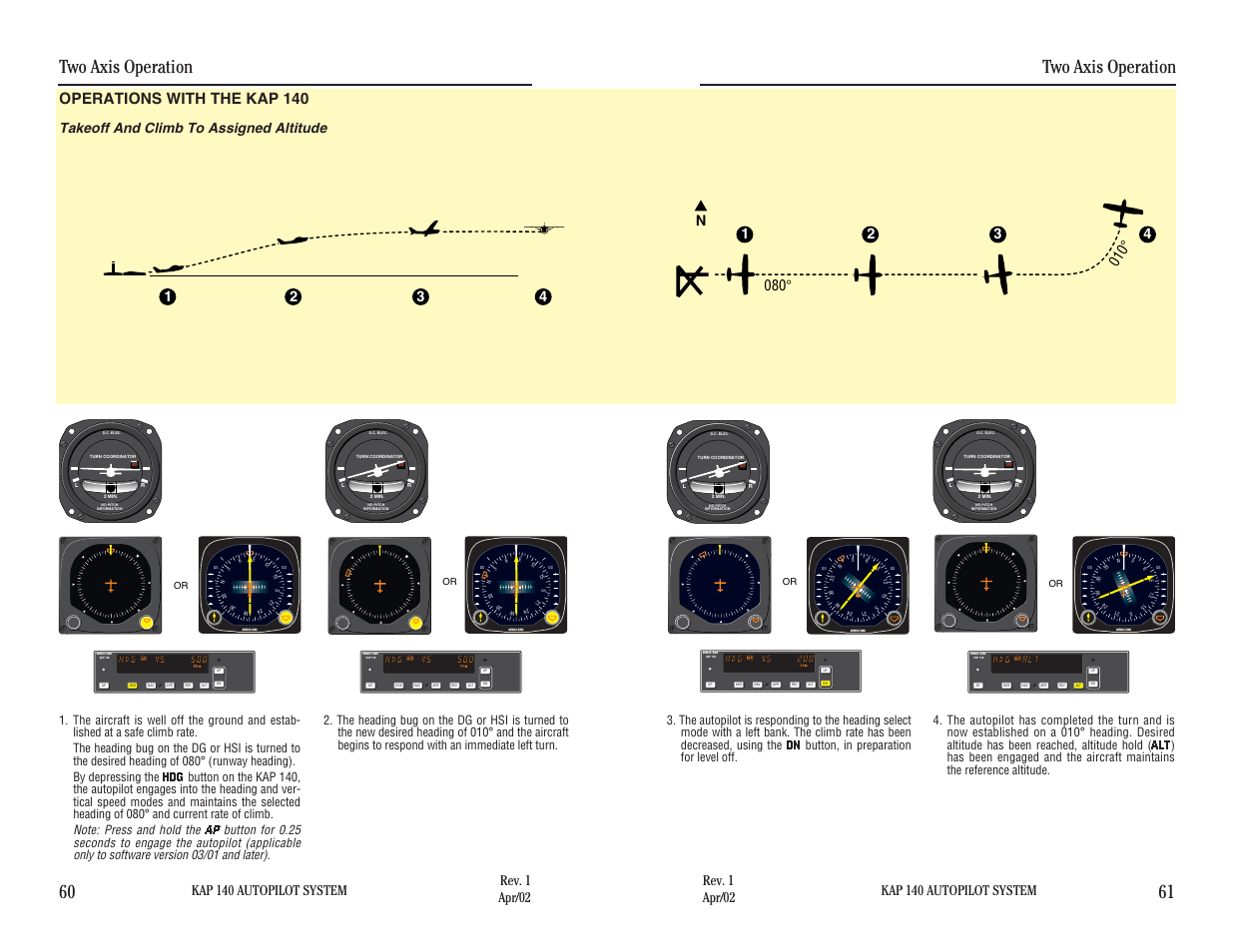 Operations with the kap 140, Takeoff and climb to assigned altitude, Two axis operation 61 | Two axis operation 60, Kap 140 autopilot system, Rev. 1 apr/02 | BendixKing KAP 140 User Manual | Page 57 / 102