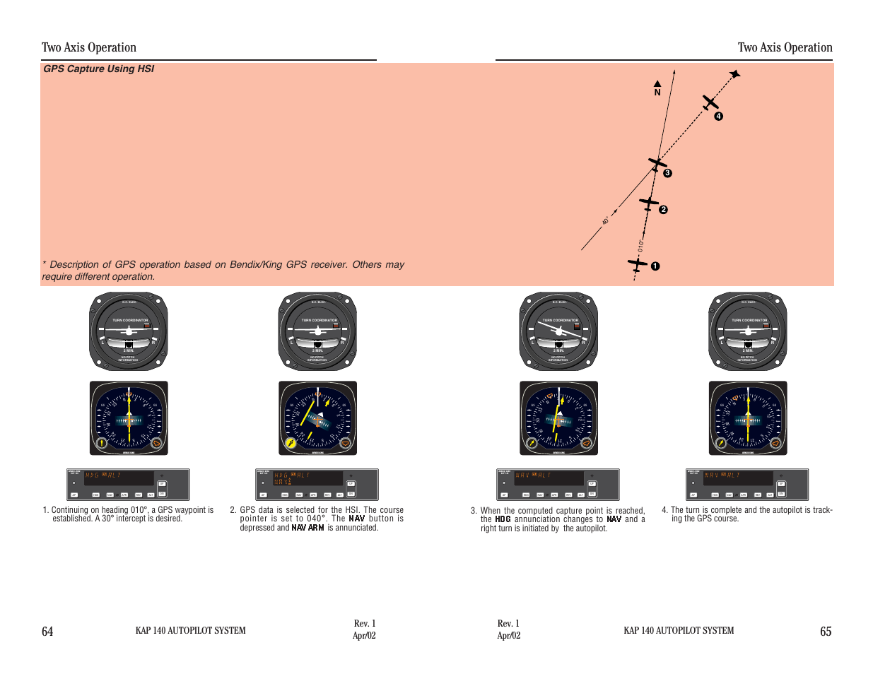 Gps capture using hsi, Two axis operation, Two axis operation 64 65 | Kap 140 autopilot system | BendixKing KAP 140 User Manual | Page 59 / 102