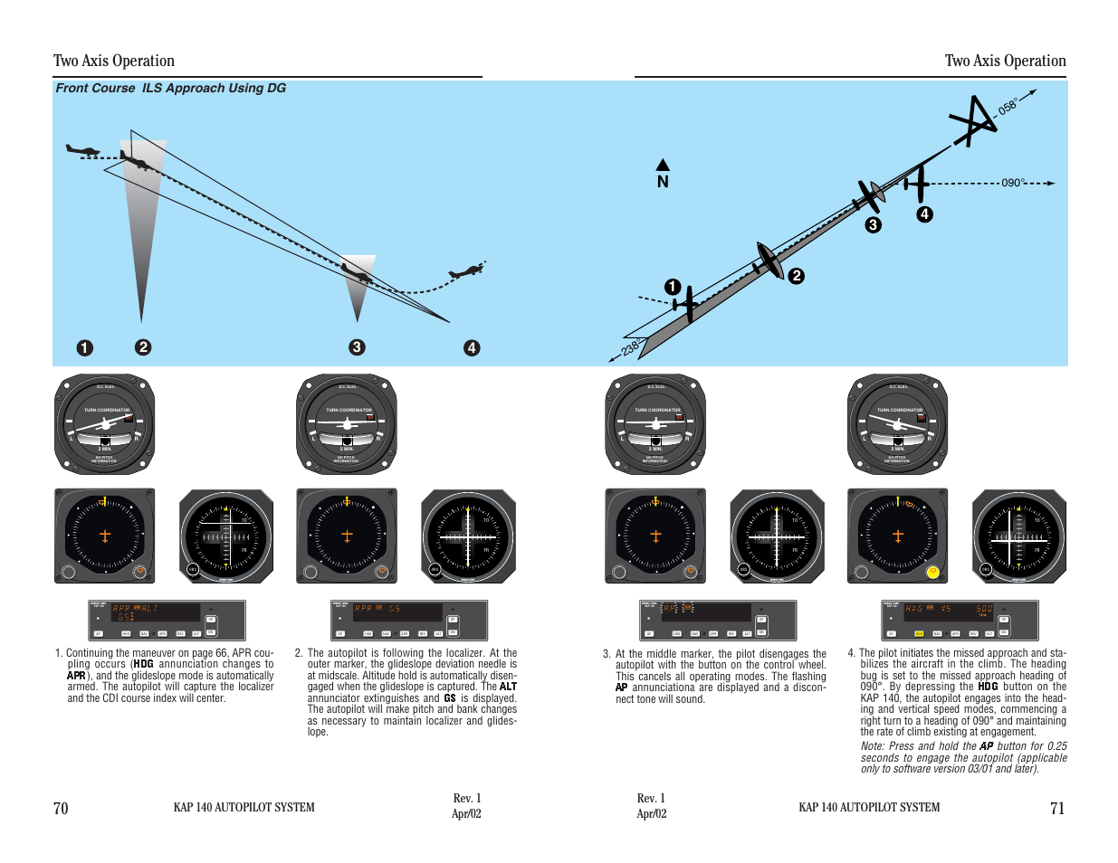 Front course ils approach using dg, Two axis operation, Two axis operation 70 71 | Kap 140 autopilot system | BendixKing KAP 140 User Manual | Page 62 / 102