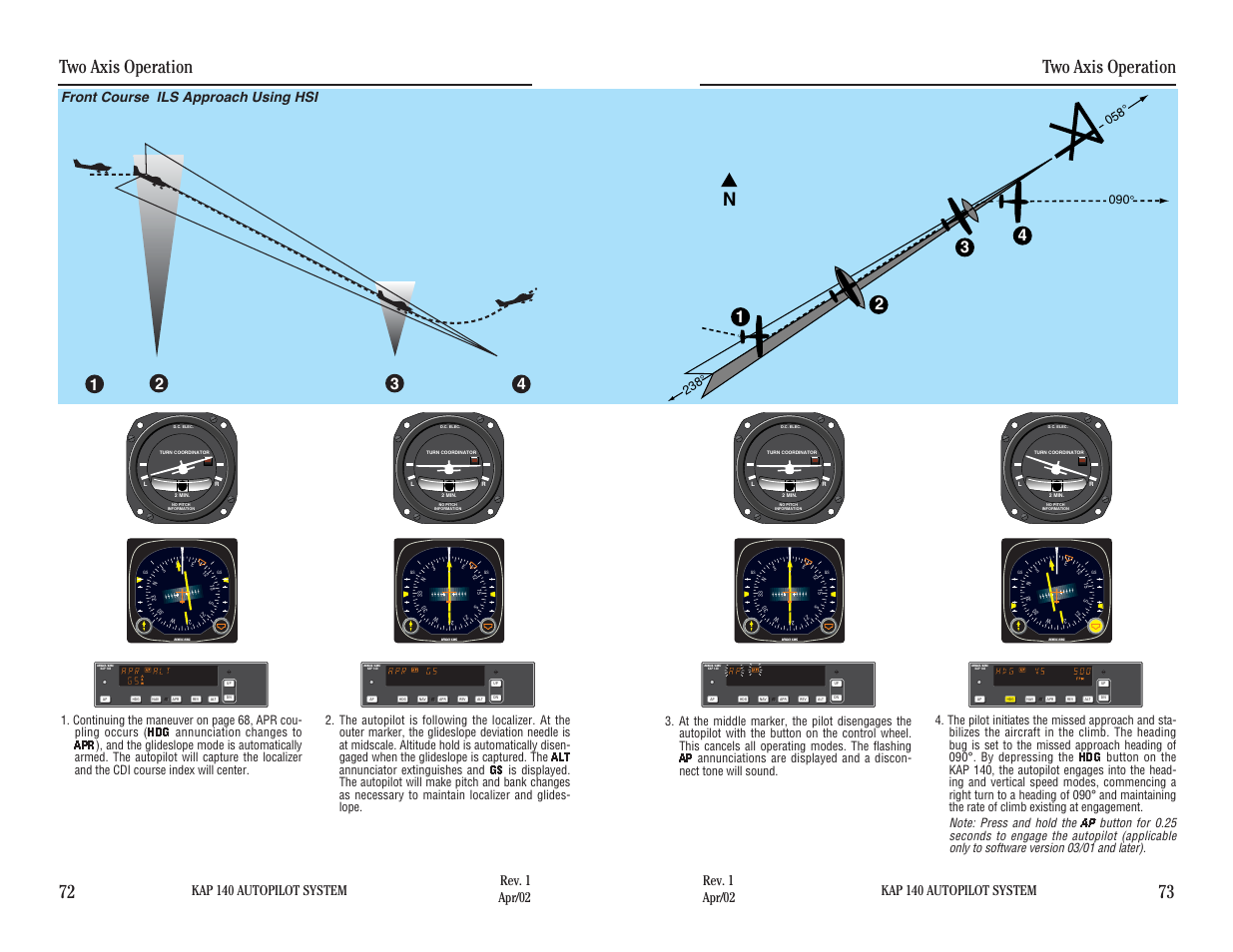 Front course ils approach using hsi, Two axis operation, Two axis operation 72 73 | Kap 140 autopilot system | BendixKing KAP 140 User Manual | Page 63 / 102