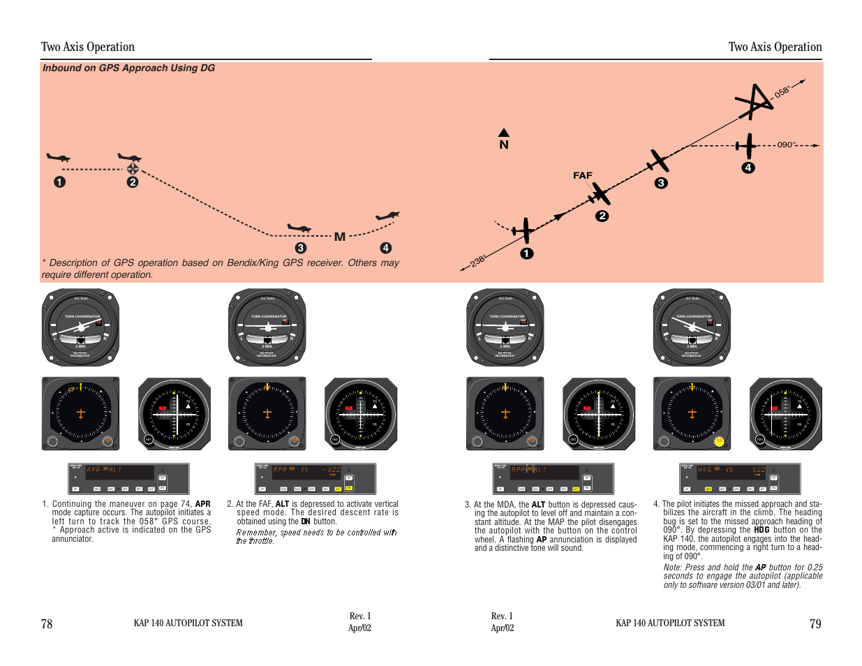 Inbound on gps approach using dg, Two axis operation, Two axis operation 78 79 | Kap 140 autopilot system | BendixKing KAP 140 User Manual | Page 66 / 102