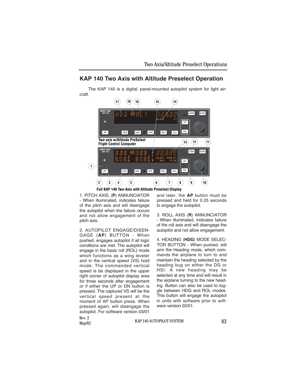 Kap 140 two axis with altitude preselect operation, Two axis/altitude preselect operations 83, Kap 140 autopilot system | Rev. 2 may/02 | BendixKing KAP 140 User Manual | Page 69 / 102