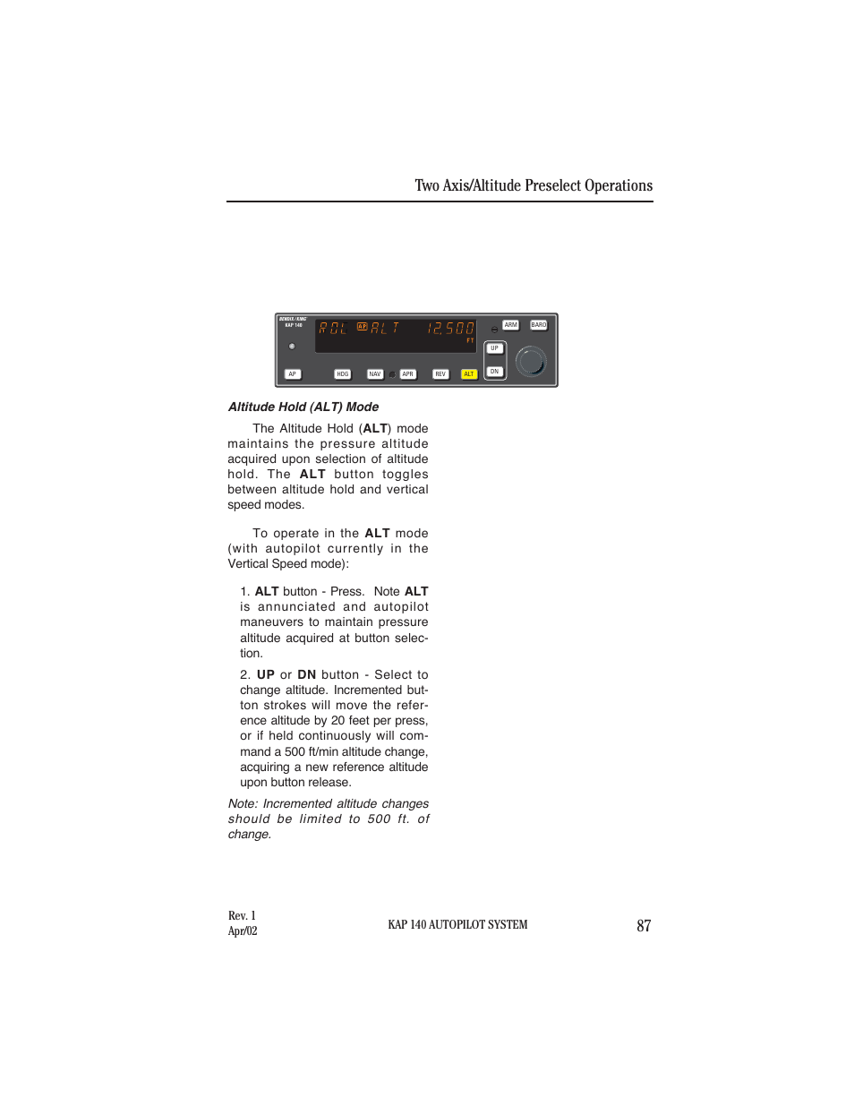 Altitude hold (alt) mode, Two axis/altitude preselect operations 87 | BendixKing KAP 140 User Manual | Page 73 / 102