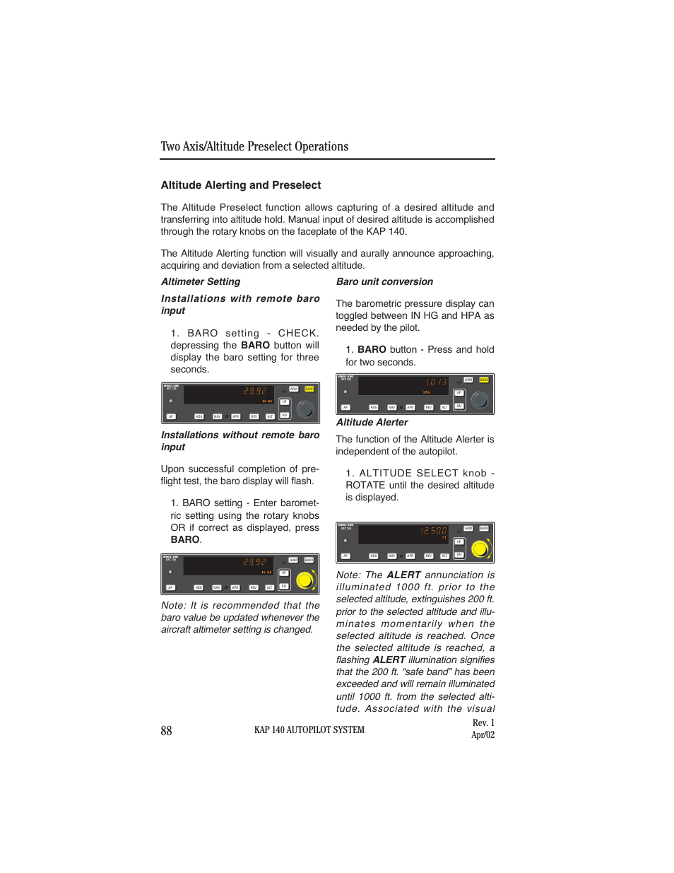 Altitude alerting and preselect, Altimeter setting, Baro unit conversion | Two axis/altitude preselect operations 88 | BendixKing KAP 140 User Manual | Page 74 / 102