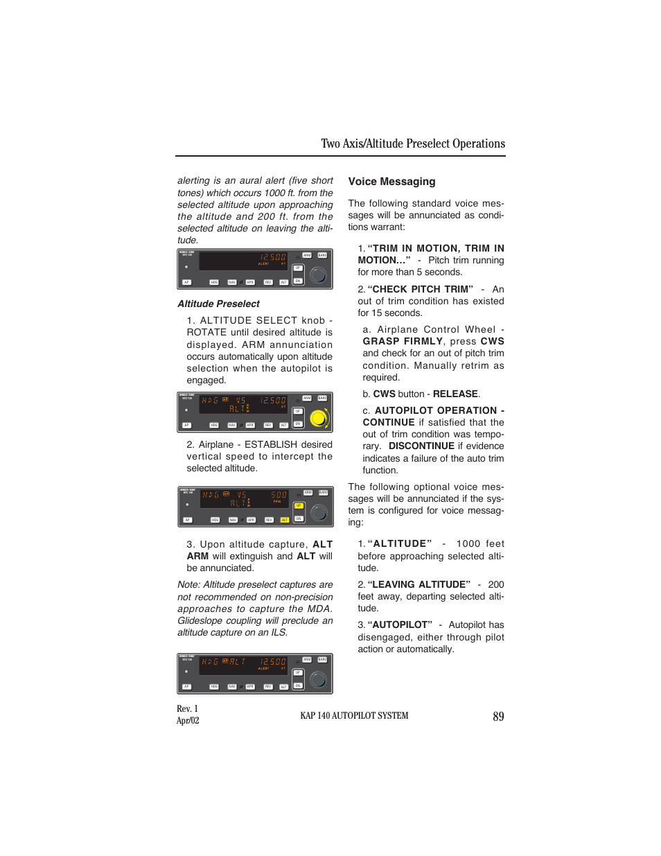 Voice messaging, Two axis/altitude preselect operations 89, Rev. 1 apr/02 | BendixKing KAP 140 User Manual | Page 75 / 102