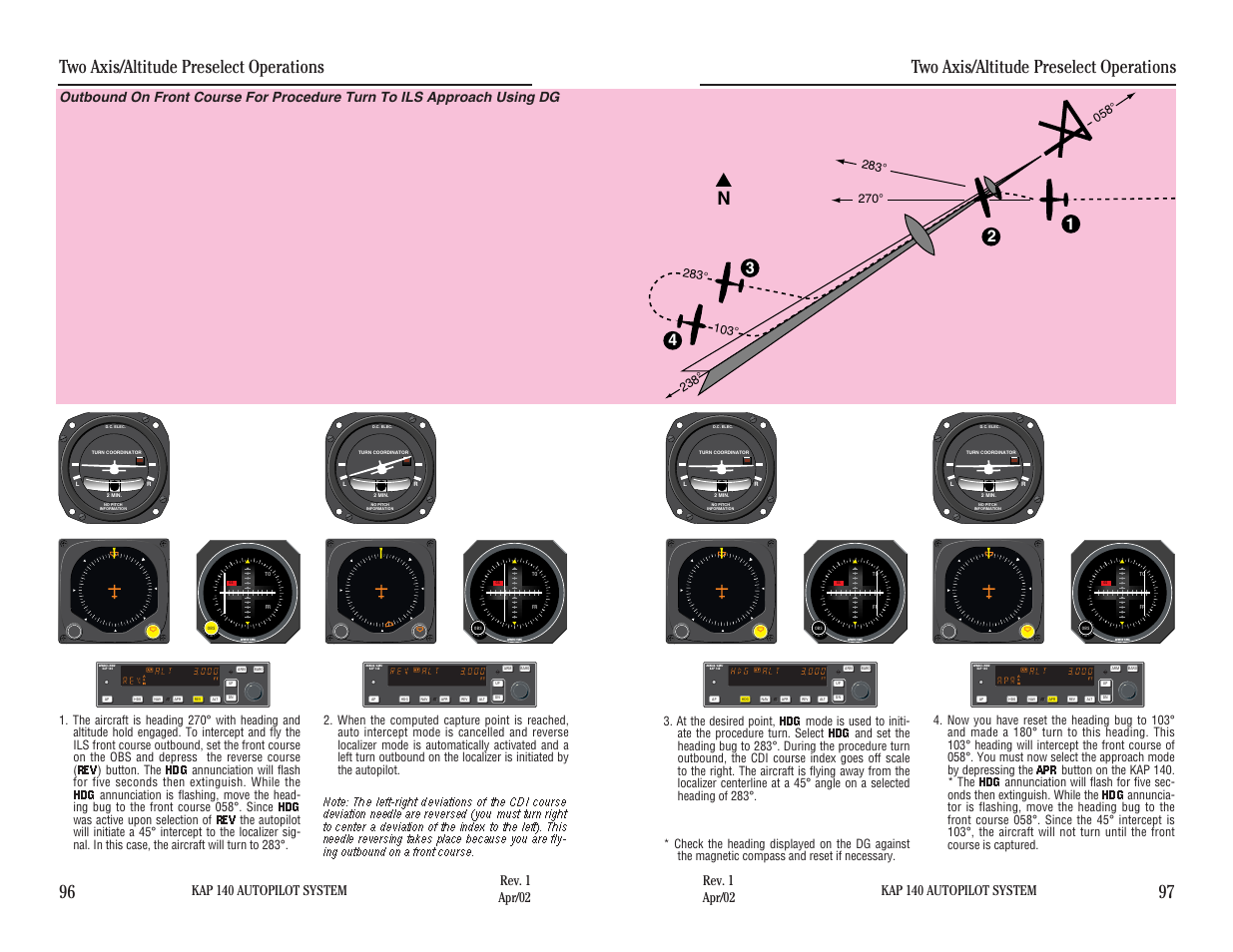 Two axis/altitude preselect operations, Two axis/altitude preselect operations 96 97, Kap 140 autopilot system | BendixKing KAP 140 User Manual | Page 79 / 102