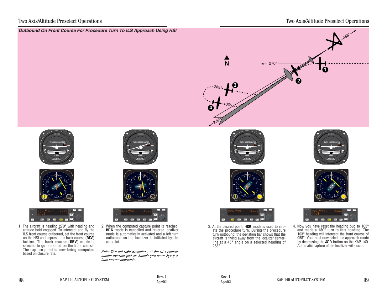 Two axis/altitude preselect operations, Two axis/altitude preselect operations 98 99, Kap 140 autopilot system | BendixKing KAP 140 User Manual | Page 80 / 102