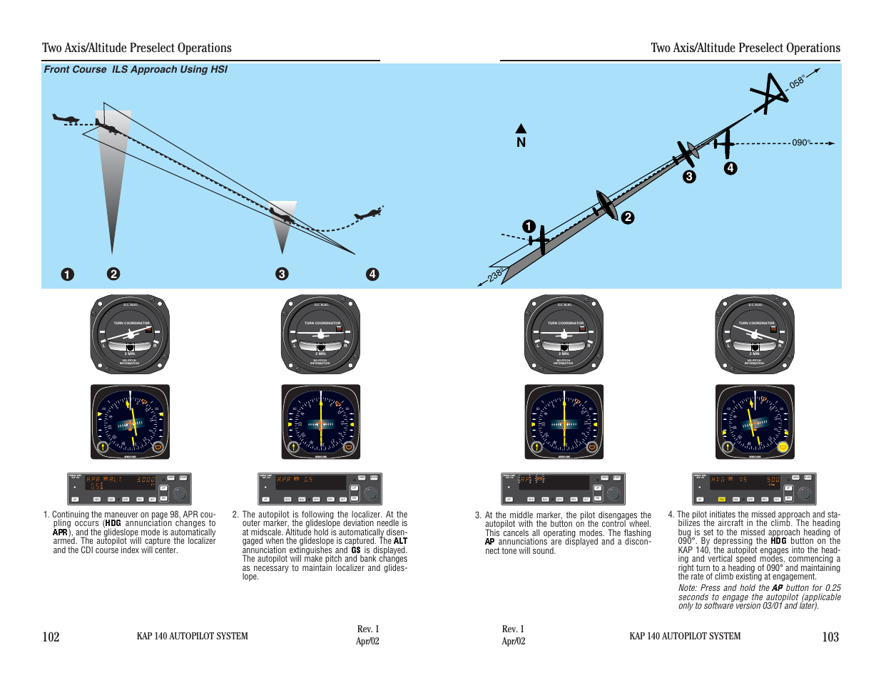 Front course ils approach using hsi, Two axis/altitude preselect operations, Kap 140 autopilot system | BendixKing KAP 140 User Manual | Page 82 / 102