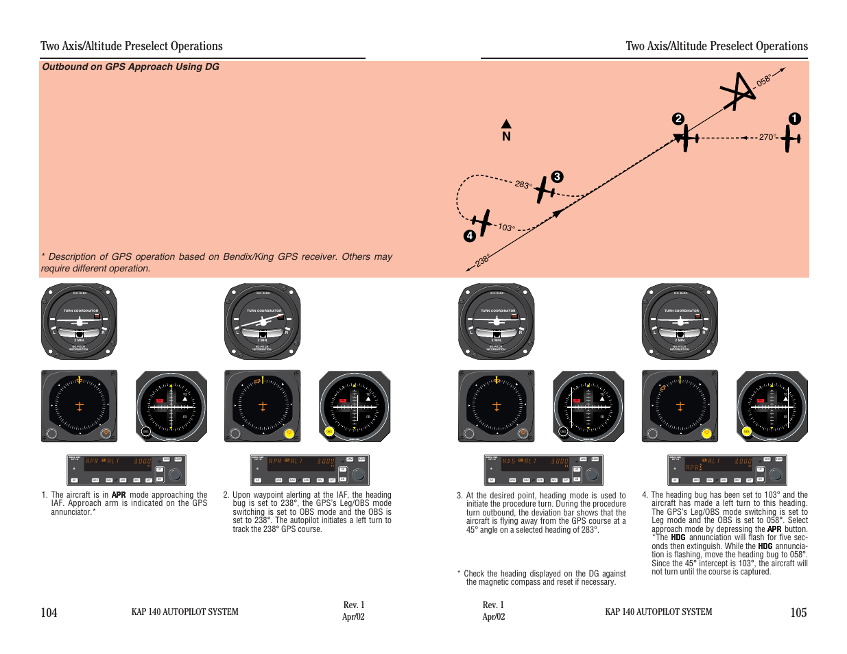 Outbound on gps approach using dg, Two axis/altitude preselect operations, Kap 140 autopilot system | BendixKing KAP 140 User Manual | Page 83 / 102