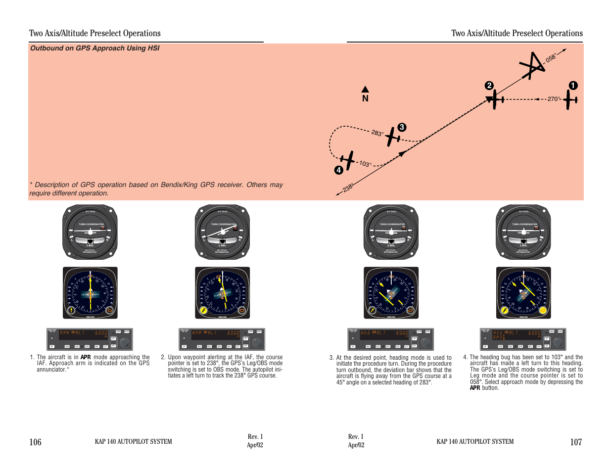 Outbound on gps approach using hsi, Two axis/altitude preselect operations, Kap 140 autopilot system | BendixKing KAP 140 User Manual | Page 84 / 102