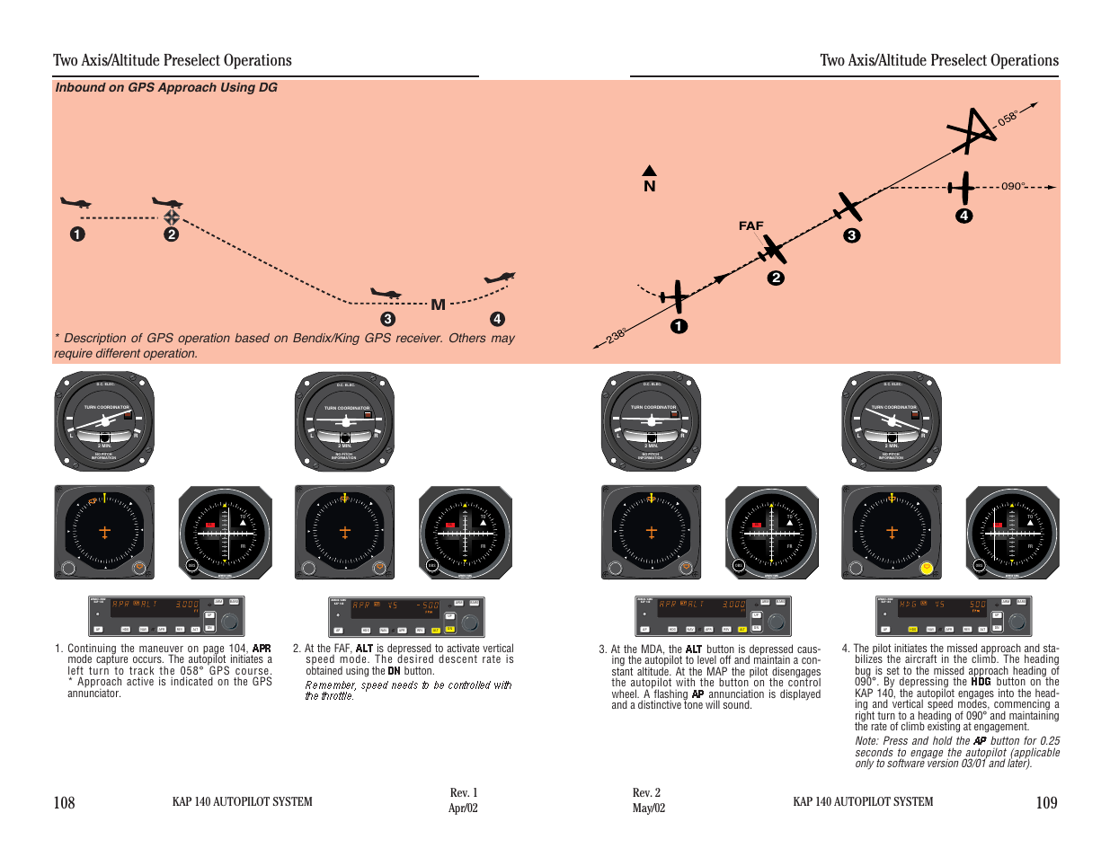 Inbound on gps approach using dg, Two axis/altitude preselect operations, Kap 140 autopilot system | BendixKing KAP 140 User Manual | Page 85 / 102