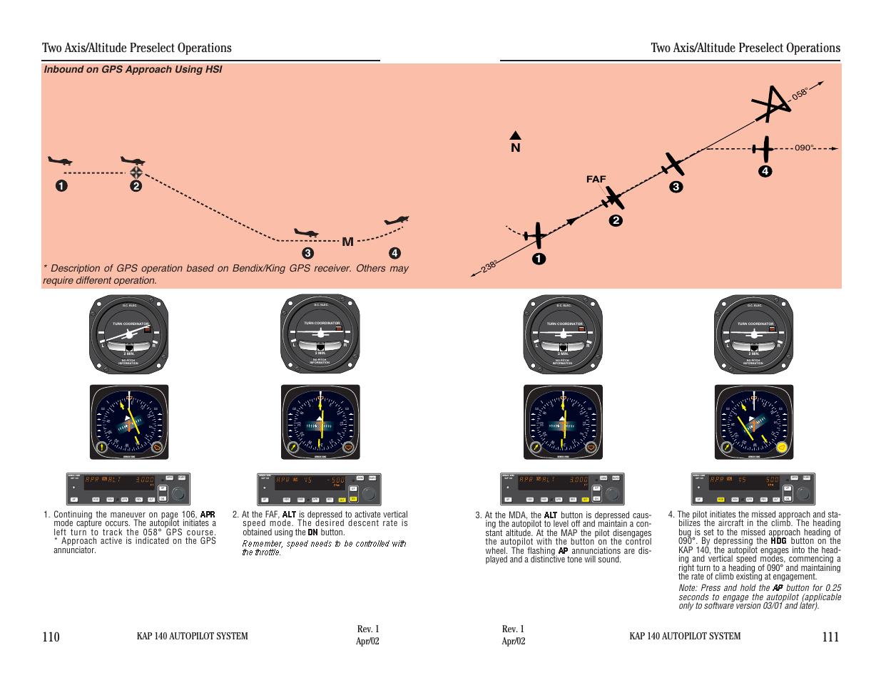 Inbound on gps approach using hsi, Two axis/altitude preselect operations, Kap 140 autopilot system | BendixKing KAP 140 User Manual | Page 86 / 102