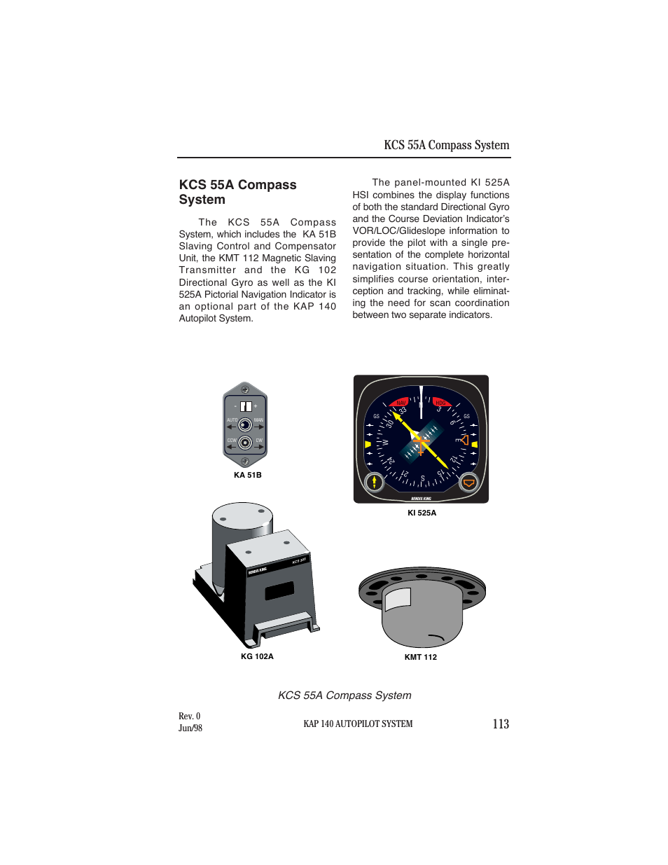 Kcs 55a compasssystem, Kcs 55a compass system, Kap 140 autopilot system | Rev. 0 jun/98 | BendixKing KAP 140 User Manual | Page 88 / 102