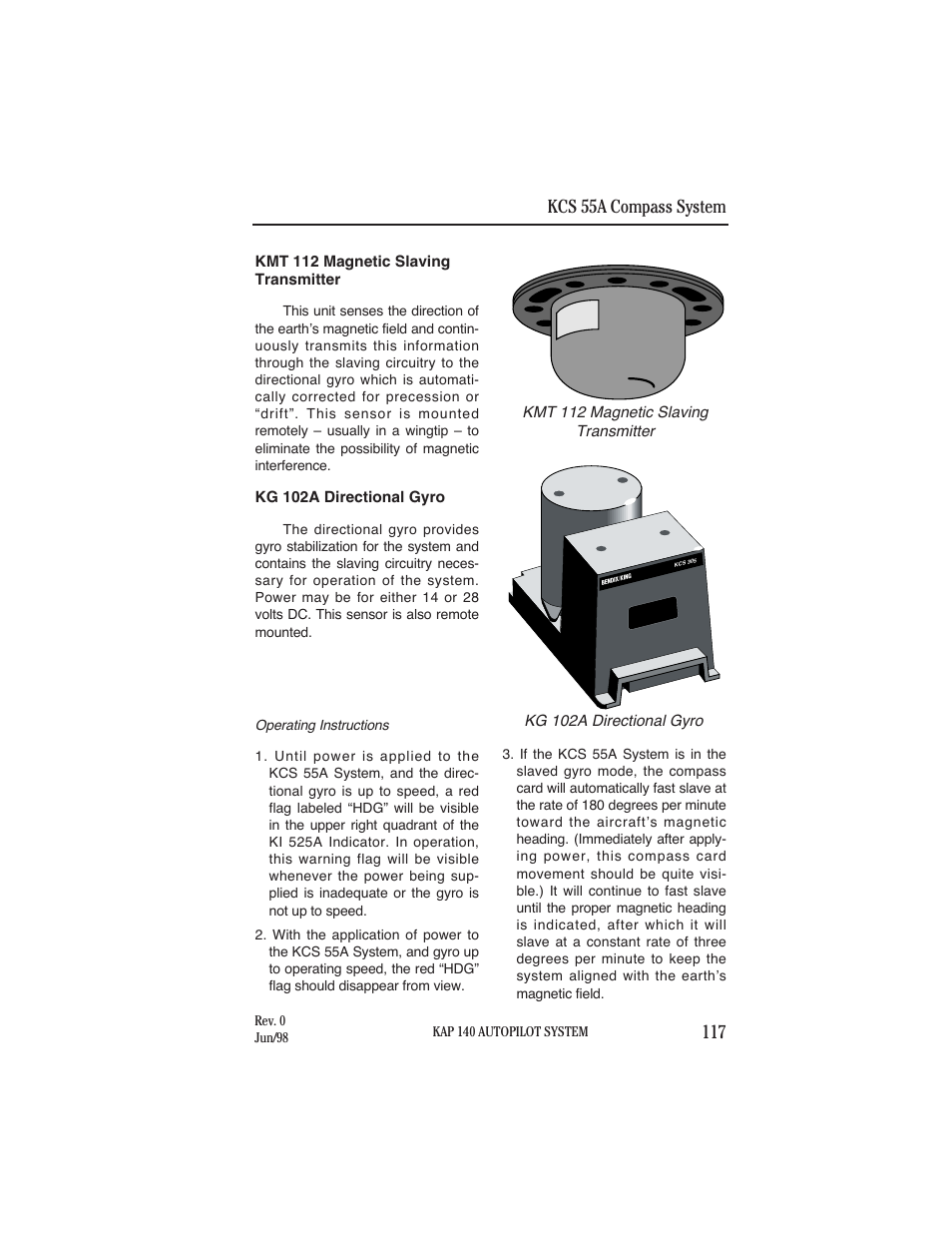 Kmt 112 magnetic slavingtransmitter, Kg 102a directional gyro, Operating instructions | BendixKing KAP 140 User Manual | Page 92 / 102