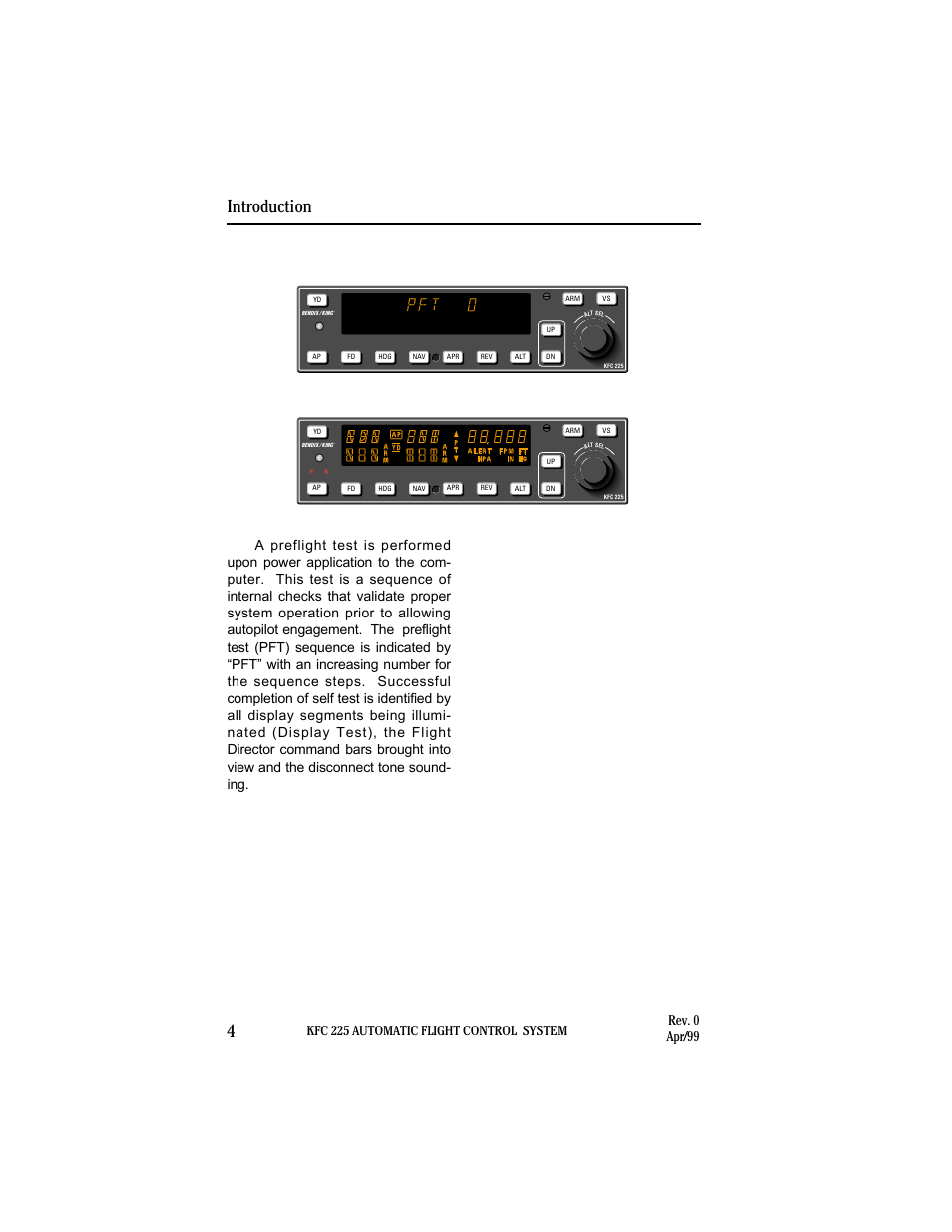 Power application and preflight tests, Introduction 4, Kfc 225 preflight test complete | BendixKing KI 525A System KFC 225 User Manual | Page 10 / 42