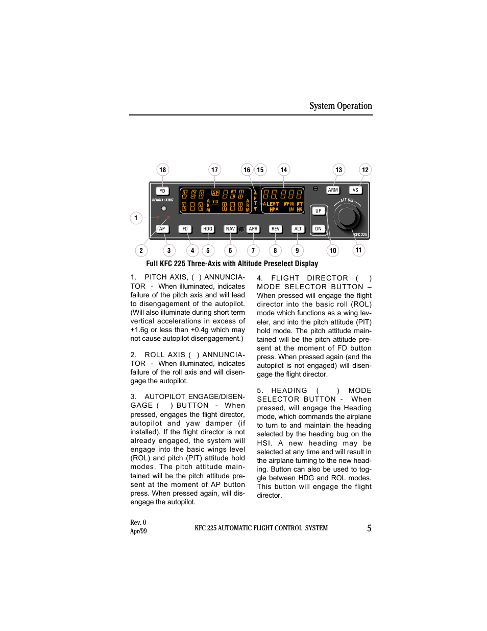 Kfc 225 system operation, Controls and displays operation, System operation 5 | BendixKing KI 525A System KFC 225 User Manual | Page 11 / 42