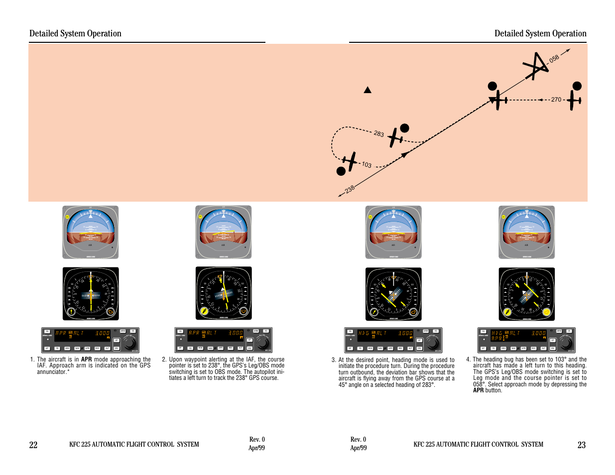 Outbound on gps approach, Detailed system operation 23, Detailed system operation 22 | Kfc 225 automatic flight control system, Rev. 0 apr/99 | BendixKing KI 525A System KFC 225 User Manual | Page 24 / 42