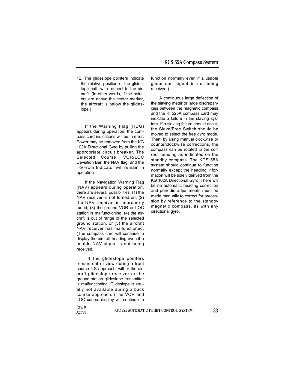 Abnormal circumstances, Kcs 55a compass system 33 | BendixKing KI 525A System KFC 225 User Manual | Page 33 / 42