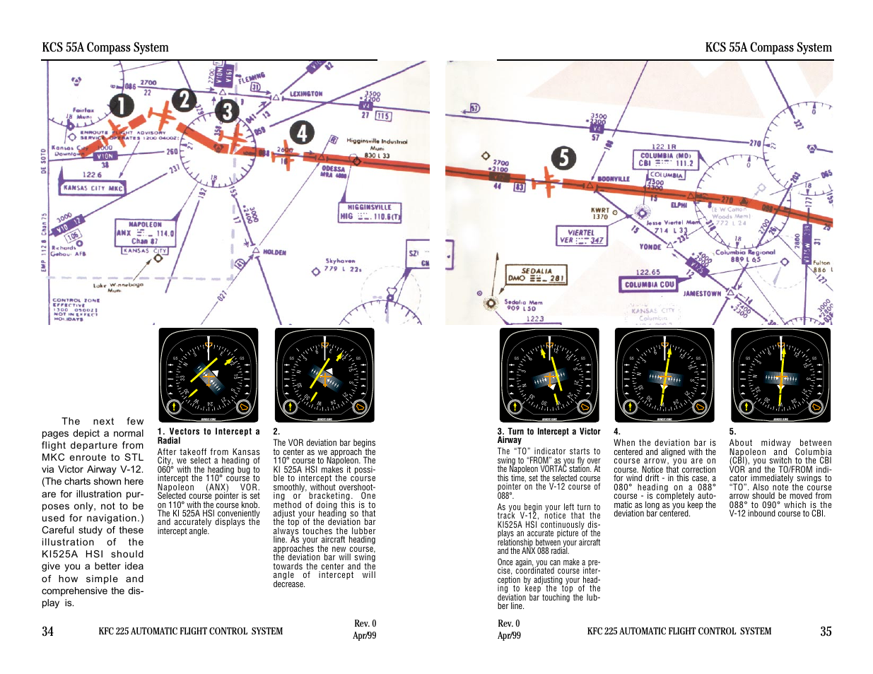 Flight procedures with the kcs 55a, Kcs 55a compass system 34, Kcs 55a compass system 35 | Kfc 225 automatic flight control system, Rev. 0 apr/99 | BendixKing KI 525A System KFC 225 User Manual | Page 34 / 42