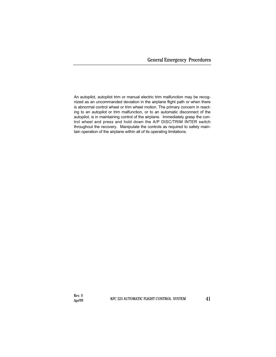General emergency procedures | BendixKing KI 525A System KFC 225 User Manual | Page 39 / 42