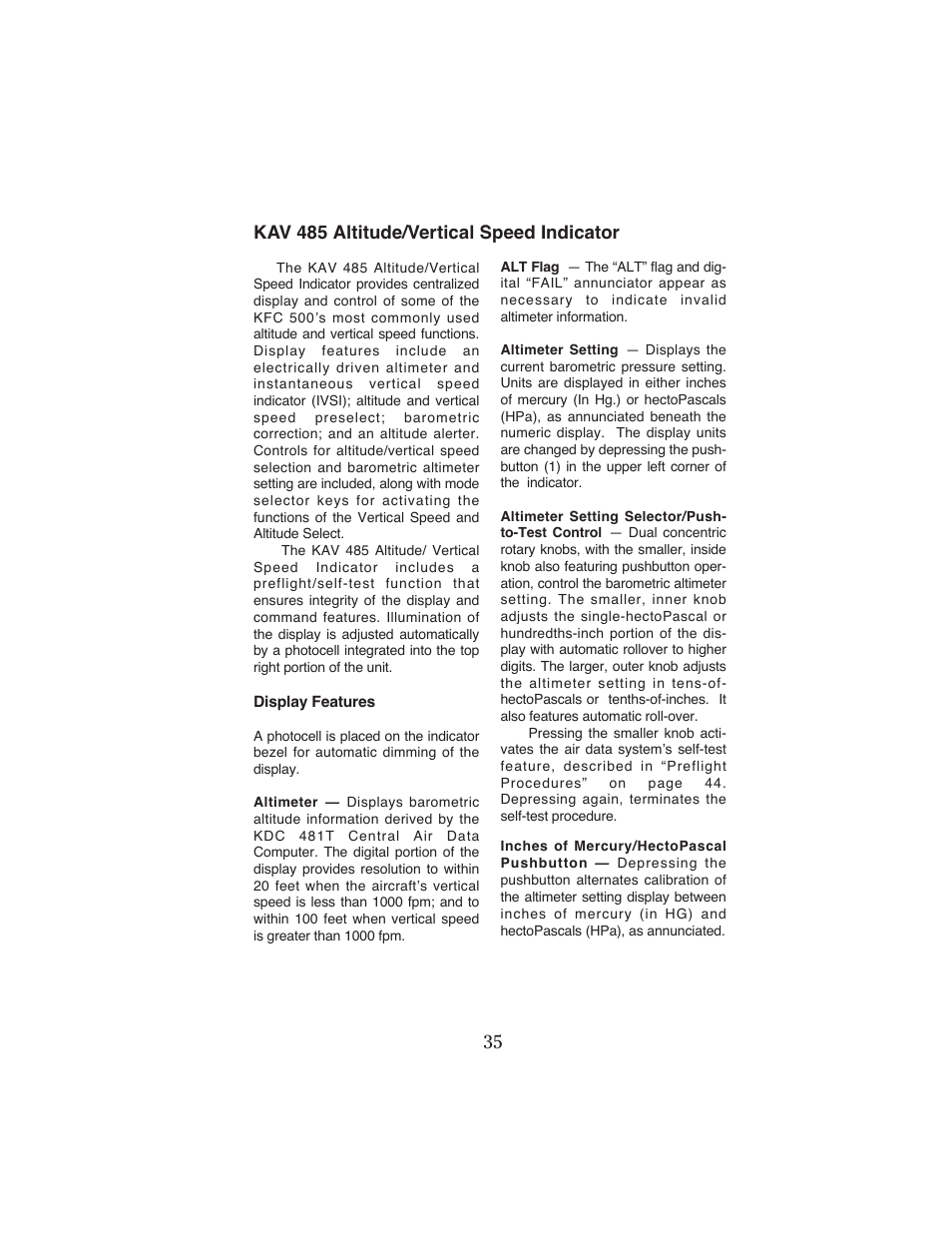 Kav 485 altitude/vertical speed indicator | BendixKing KFC 500 User Manual | Page 36 / 67