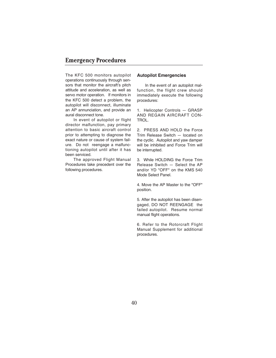Emergency procedures | BendixKing KFC 500 User Manual | Page 41 / 67