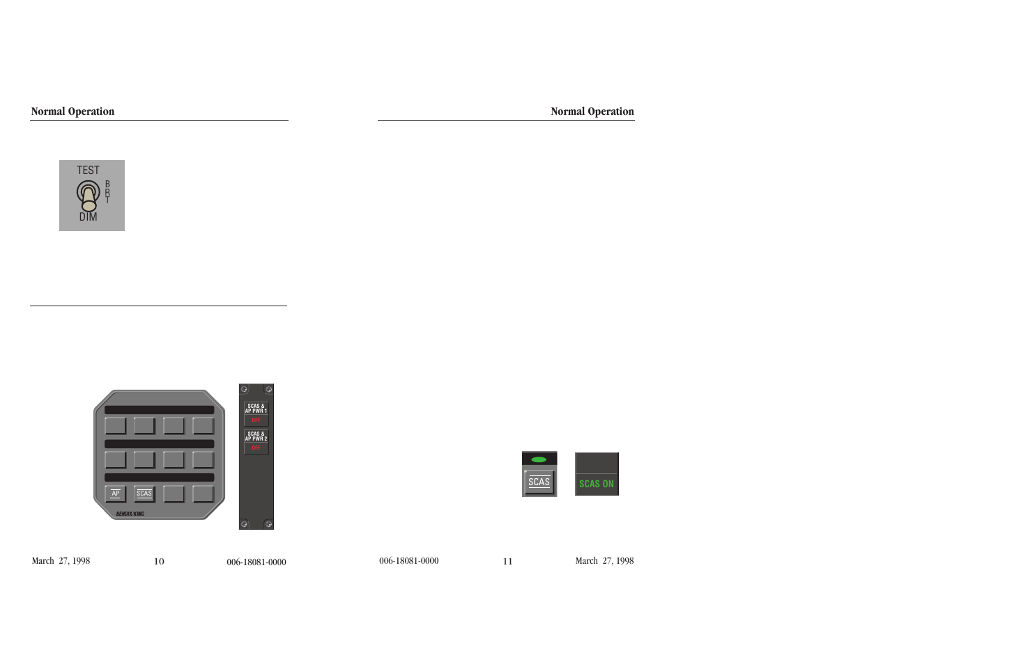 Test/brt/dim (afcs lamp test), Scas/ap annunciators, Modes of operation | Scas mode, Normal operation, Test dim | BendixKing KFC 500 User Manual | Page 10 / 45
