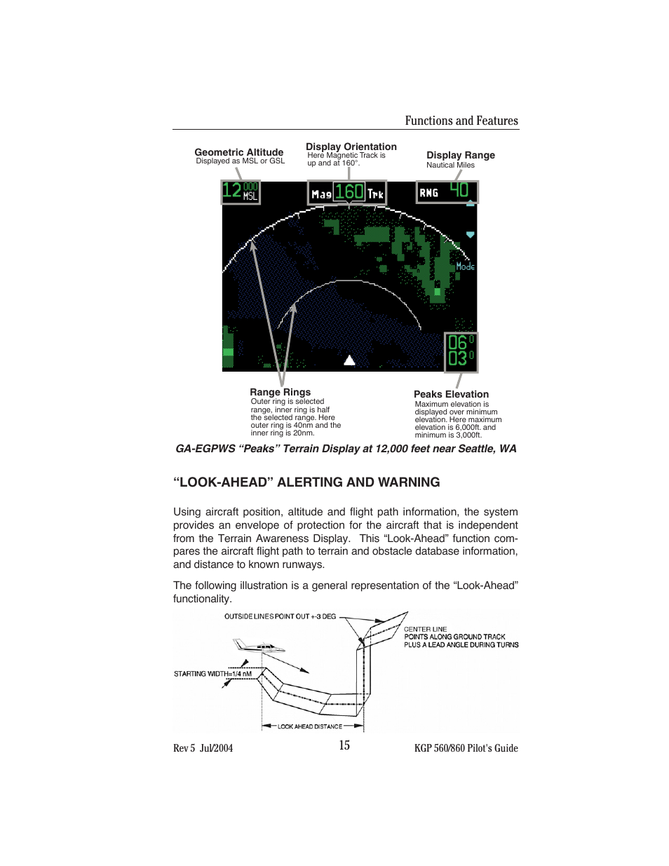 Look-ahead” alerting and warning, 15 functions and features | BendixKing KGP 860 User Manual | Page 19 / 37