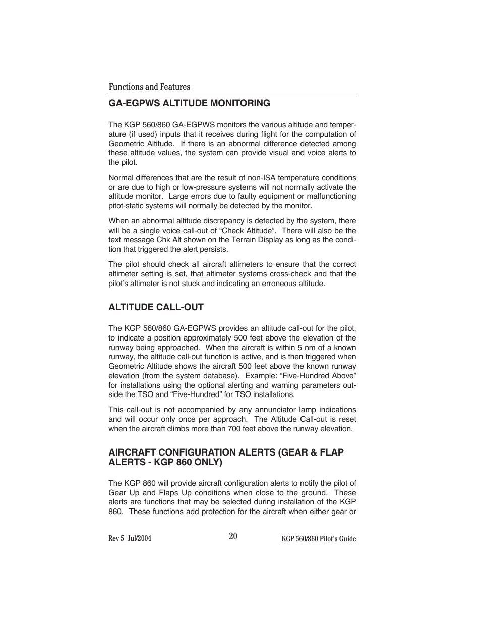 Ga-egpws altitude monitoring, Altitude call-out | BendixKing KGP 860 User Manual | Page 24 / 37