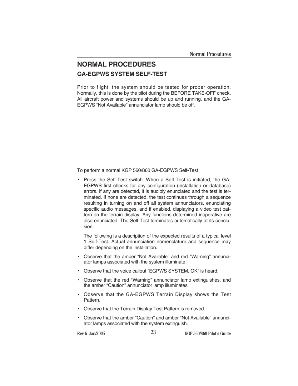 Normal procedures, Ga-egpws system self-test | BendixKing KGP 860 User Manual | Page 27 / 37