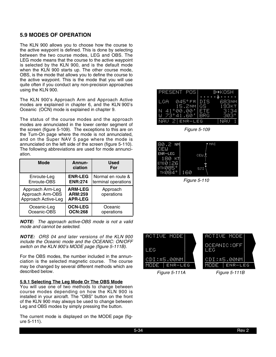 9 modes of operation, 1 selecting the leg mode or the obs mode | BendixKing KLN 900 - Pilots Guide User Manual | Page 141 / 224