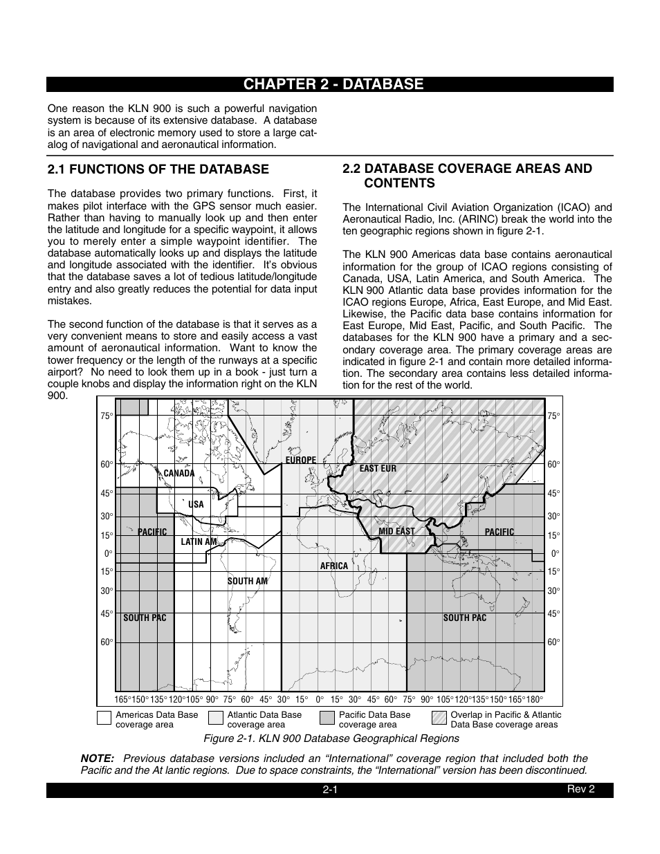 Chapter 2 - database, 1 functions of the database, 2 database coverage areas and contents | BendixKing KLN 900 - Pilots Guide User Manual | Page 16 / 224