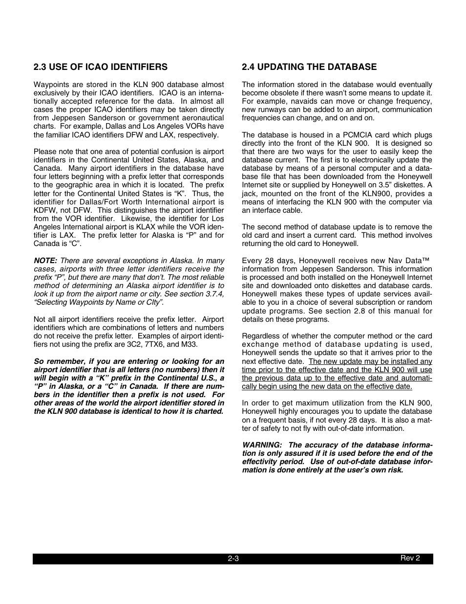 3 use of icao identifiers, 4 updating the database | BendixKing KLN 900 - Pilots Guide User Manual | Page 18 / 224