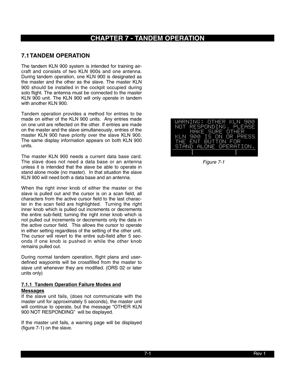 Chapter 7 - tandem operation, 1tandem operation, 1 tandem operation failure modes and messages | BendixKing KLN 900 - Pilots Guide User Manual | Page 184 / 224