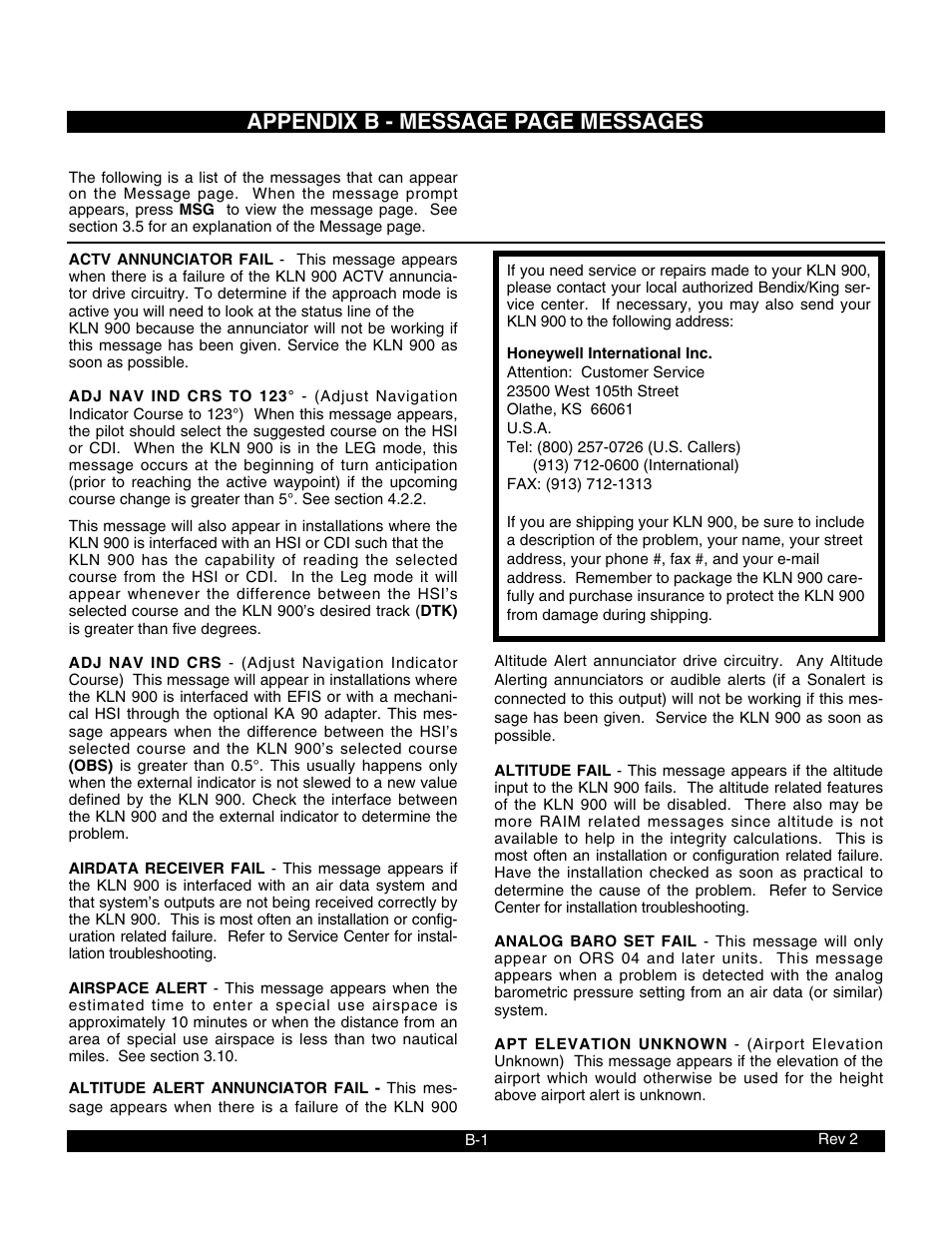 Appendix b - message page messages | BendixKing KLN 900 - Pilots Guide User Manual | Page 194 / 224
