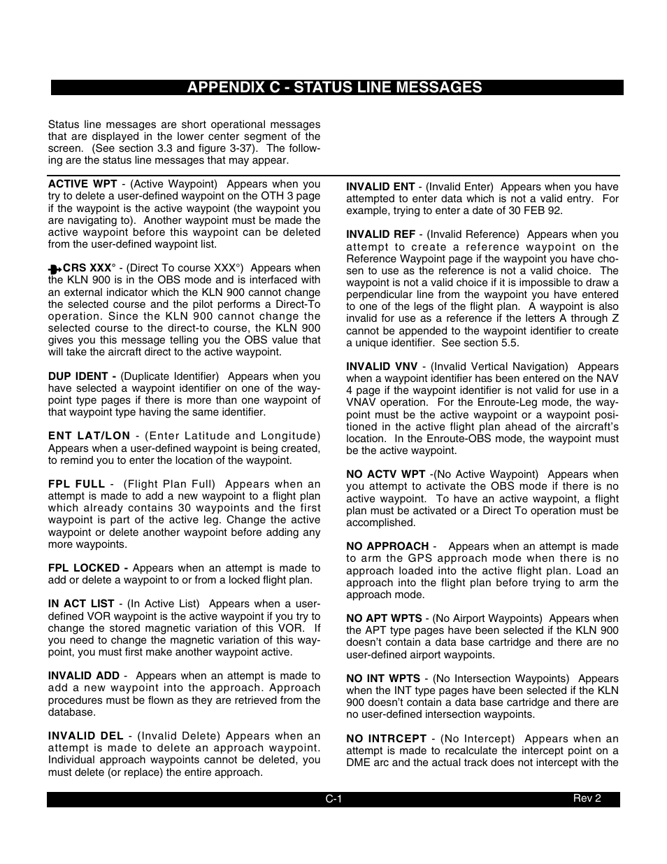 Appendix c - status line messages | BendixKing KLN 900 - Pilots Guide User Manual | Page 202 / 224