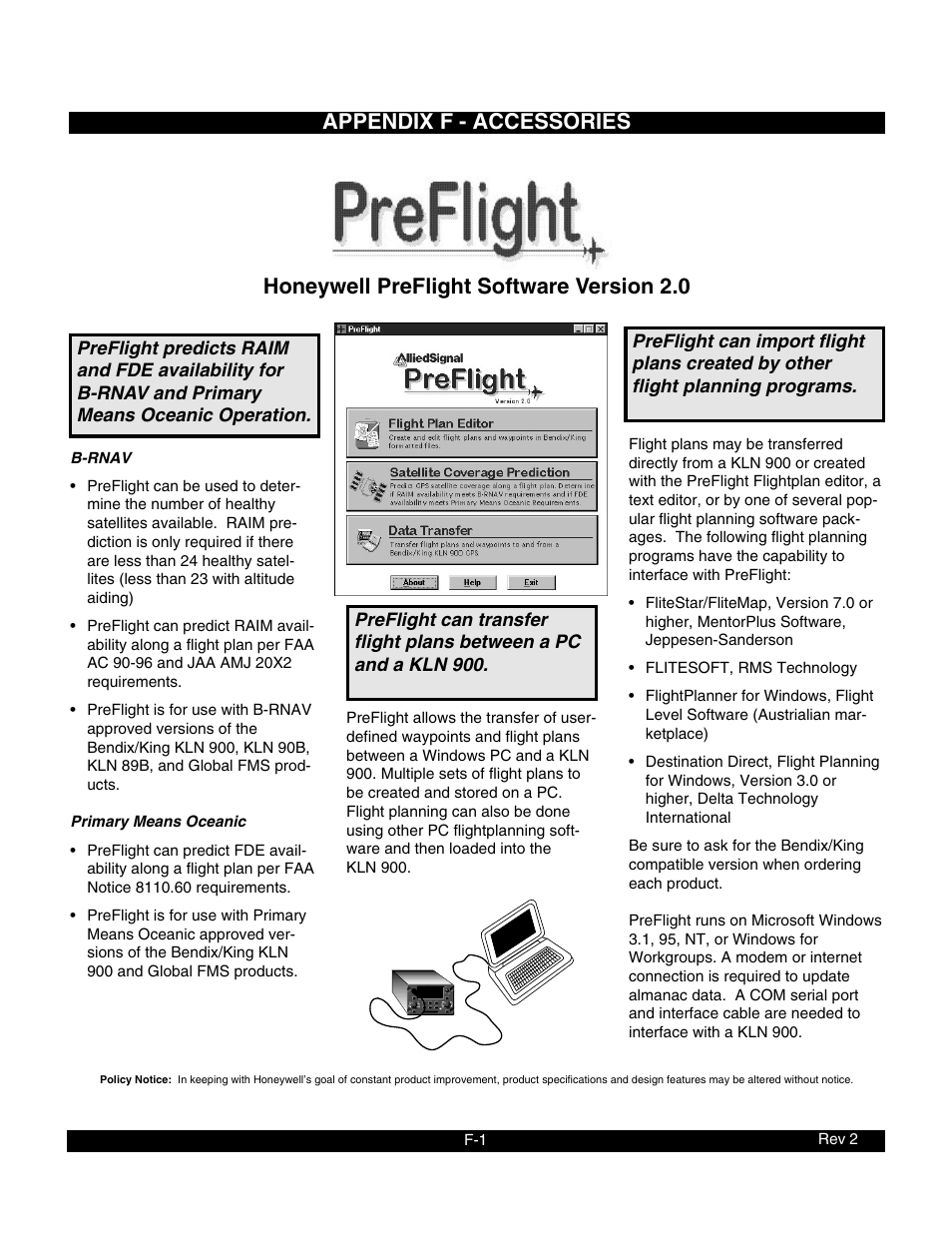 Appendix f - accessories, Honeywell preflight software version 2.0 | BendixKing KLN 900 - Pilots Guide User Manual | Page 214 / 224