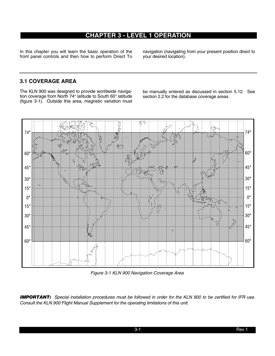 Chapter 3 - level 1 operation, 1 coverage area | BendixKing KLN 900 - Pilots Guide User Manual | Page 28 / 224