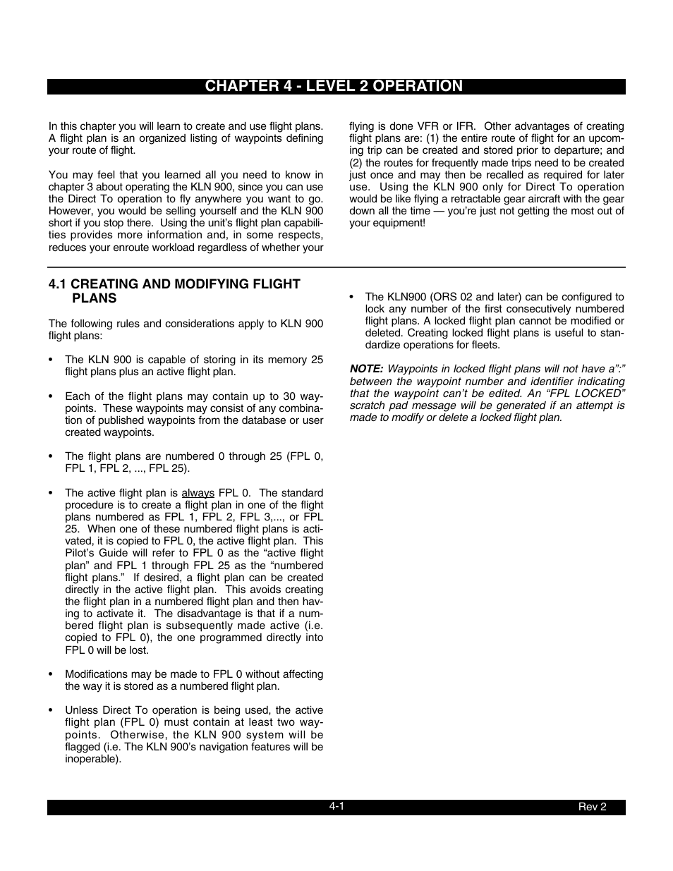 Chapter 4 - level 2 operation, 1 creating and modifying flight plans | BendixKing KLN 900 - Pilots Guide User Manual | Page 90 / 224