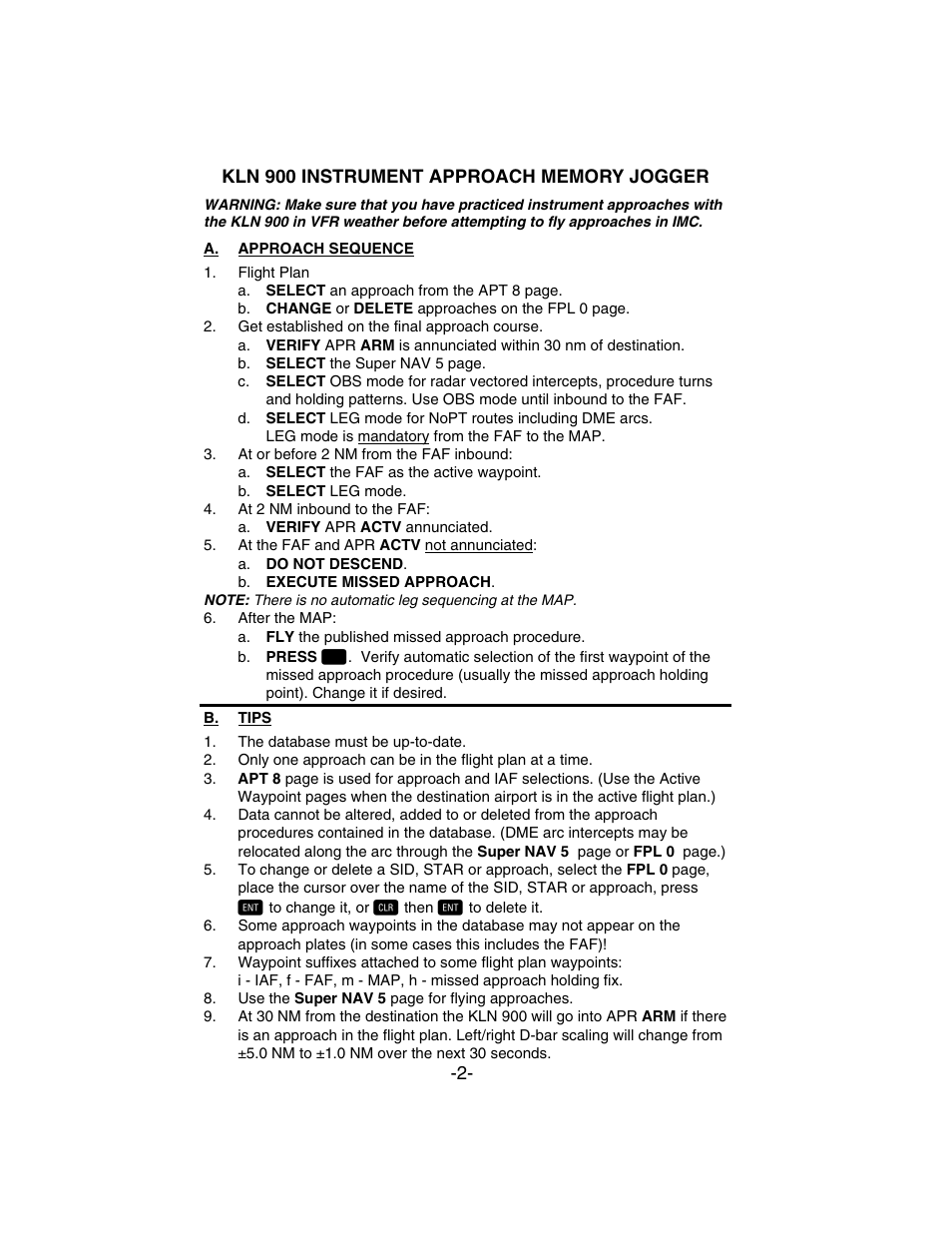 Kln 900 instrument approach memory jogger, A. approach sequence, B. tips | BendixKing KLN 900 - Memory Jogger User Manual | Page 2 / 6