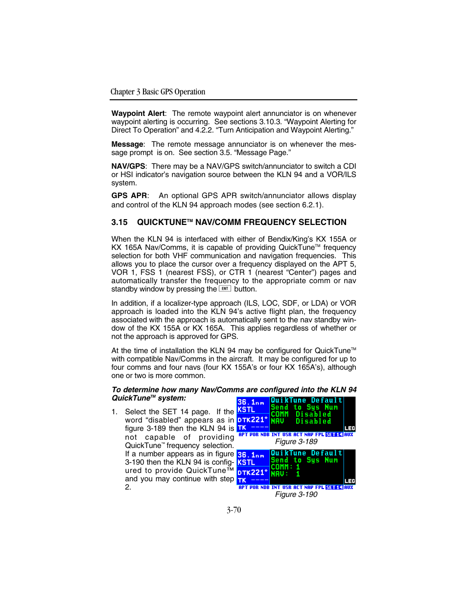 15 quicktune tm nav/comm frequency selection, Chapter 3 basic gps operation 3-70 | BendixKing KLN 94 - Pilots Guide User Manual | Page 112 / 284