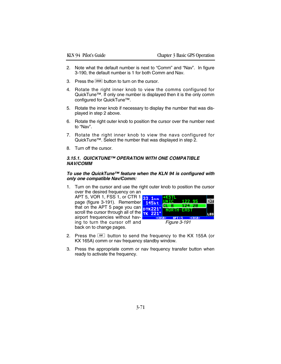 Quicktune™ operation with one compatible nav/comm | BendixKing KLN 94 - Pilots Guide User Manual | Page 113 / 284