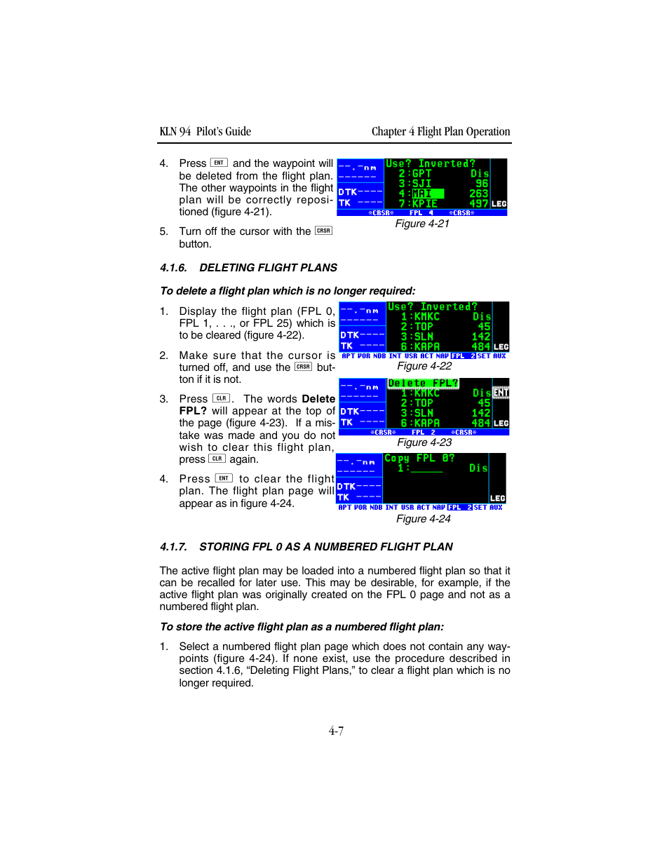 Deleting flight plans, Storing fpl 0 as a numbered flight plan | BendixKing KLN 94 - Pilots Guide User Manual | Page 125 / 284